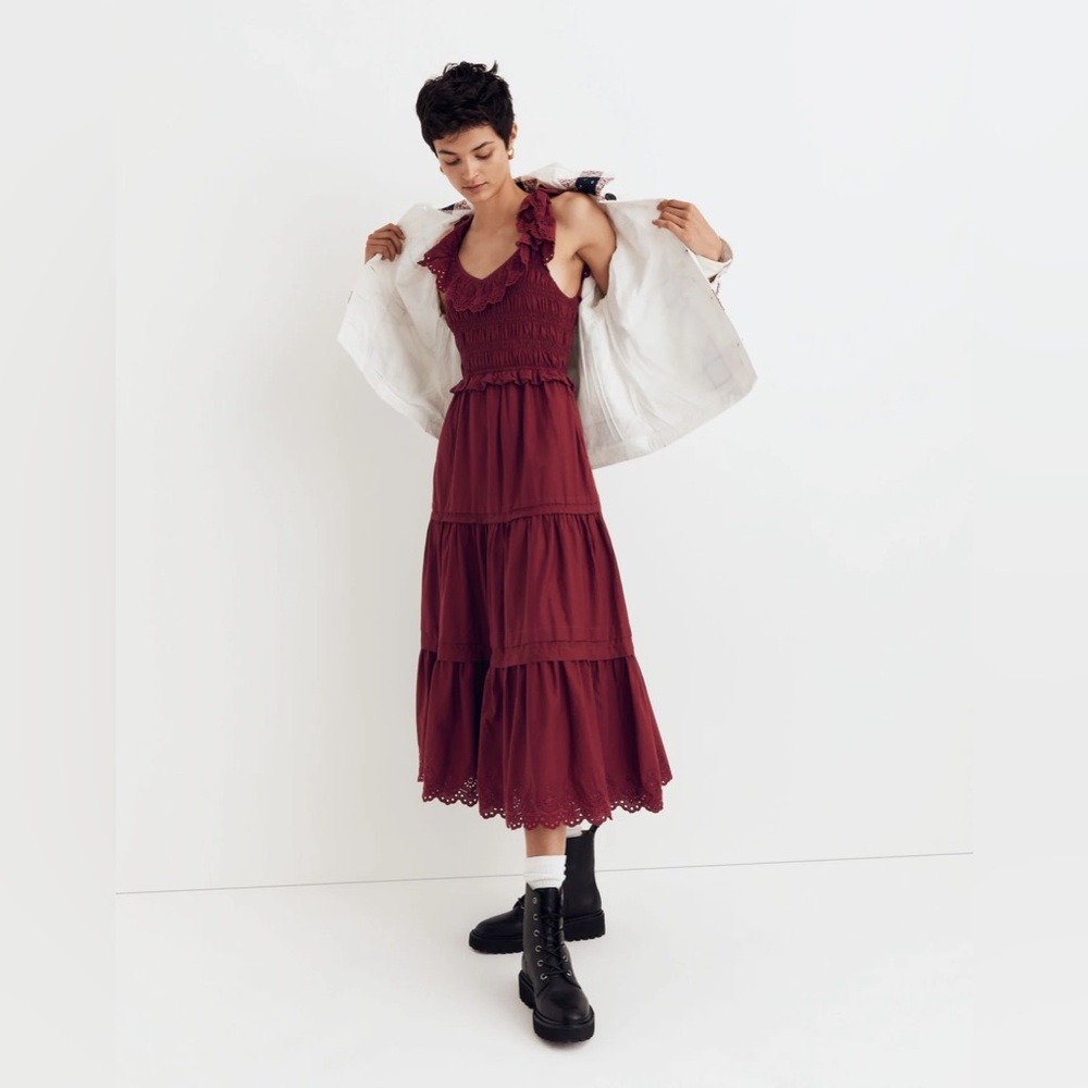 Madewell Lucie Women’s Cottagecore Cotton Embroidered Maroon Midi Dress 4P